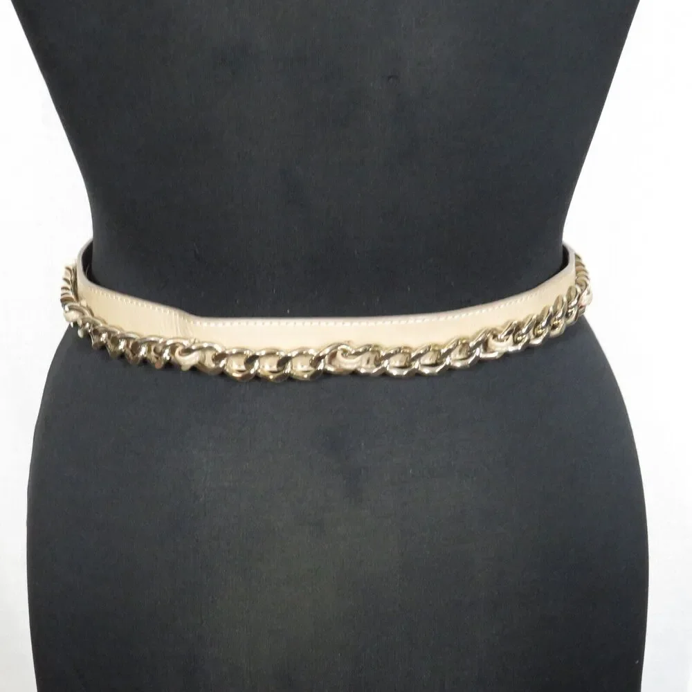 Women's Tan Faux Leather Gold Chain Detail Belt 34-38 Inch Waist Size XL